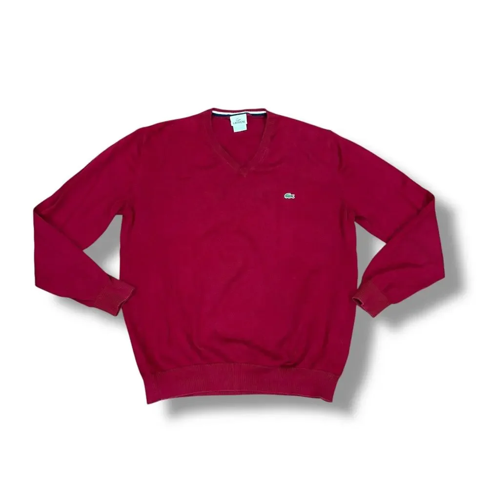 Lacoste Men's Size L (6) Red V-Neck Pullover Sweater 100% Cotton France